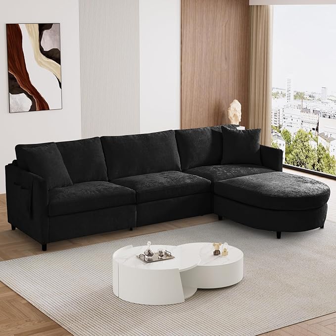 L Shaped Sectional Sofa Couch 106.7 Comfy Chenille 4 Seat Deep Seat Sofa Set with 2 Pillows &amp Convertible Ottoman Modern Modular Cloud Couch for Living Room Office Apartment Black