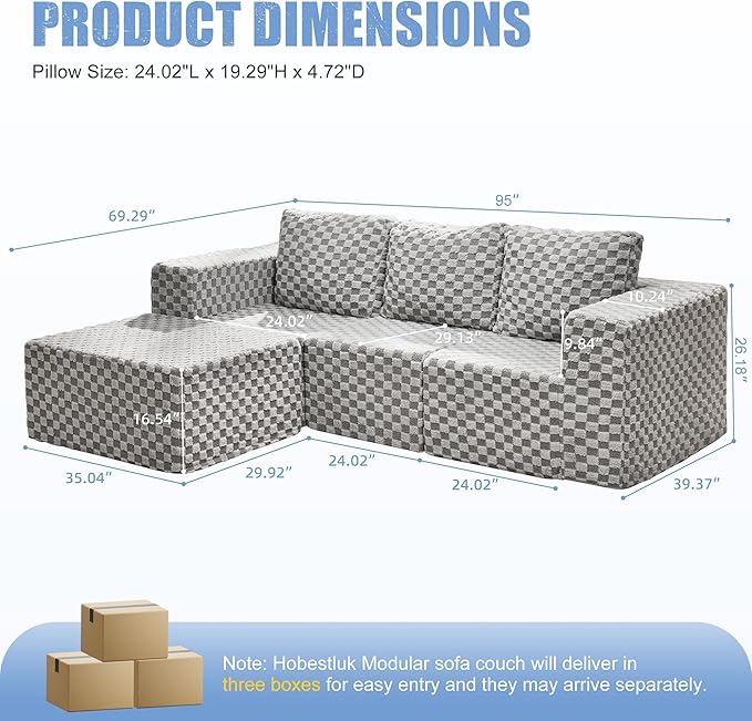 Hobestluk Modular Sectional Sofa Memory Foam Couch Oversized Sectional Sofa 3-Seater with Chaise Cloud Couch with Removable Cover L Shape Sofa for Living Room (Plush Grey 3-Seater with Chaise)