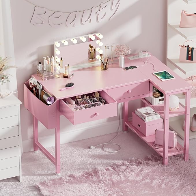 DLisiting Pink Reversible L Shaped Desk with Drawers and Shelves Small Kids Study Vanity PC Computer Desk with Storage for Girls Corner L-Shaped Desks for Small Space Bedroom