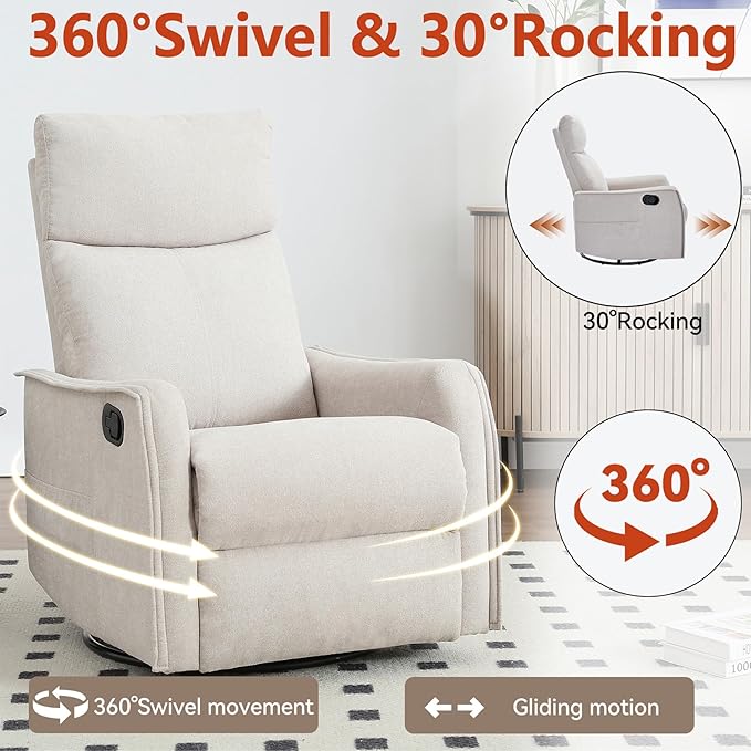 Heated Massage Recliner Chairs for Adults Swivel Rocking Chair Recliner with High Back Small Recliner Chair for Small Spaces Manual Lazy Boy Recliners for Living Room Pockets Fabric (Beige)