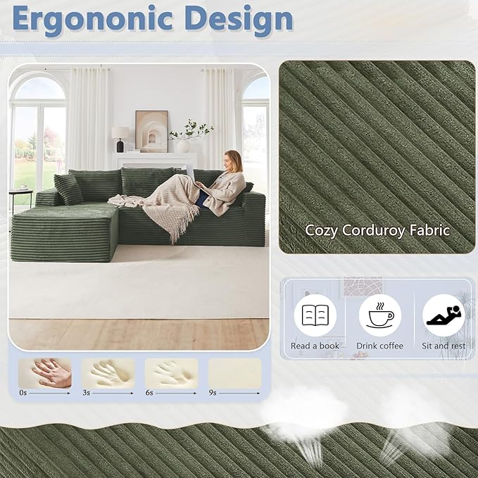 103 L-Shape Cloud Couch with Chaise Upholstered Corduroy Modular Sectional Sofa Deep Seat Couch with Free Combination for Living Room &amp ApartmentNo Assembly Required(GreenLeft Facing Chaise)