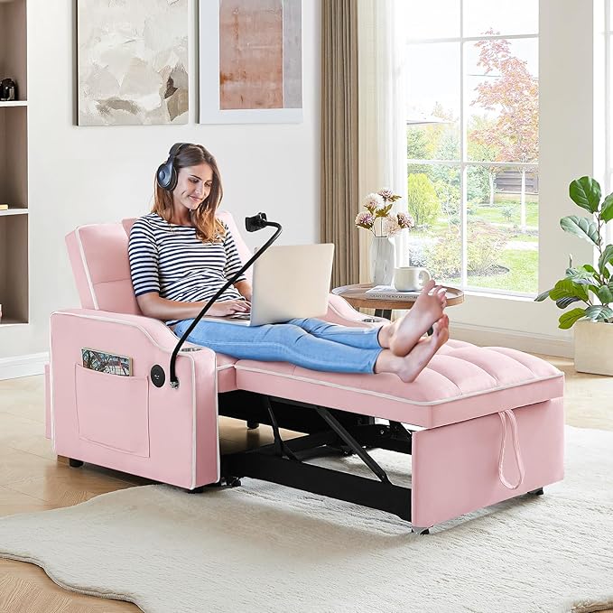 KINFFICT Sleeper Sofa Chair Bed Convertible 3-in-1 Sofa Armchair Adjustable Sleeper with Pullout Bed Single Lounger Futon with Side Pockets for Living Room (Pink)