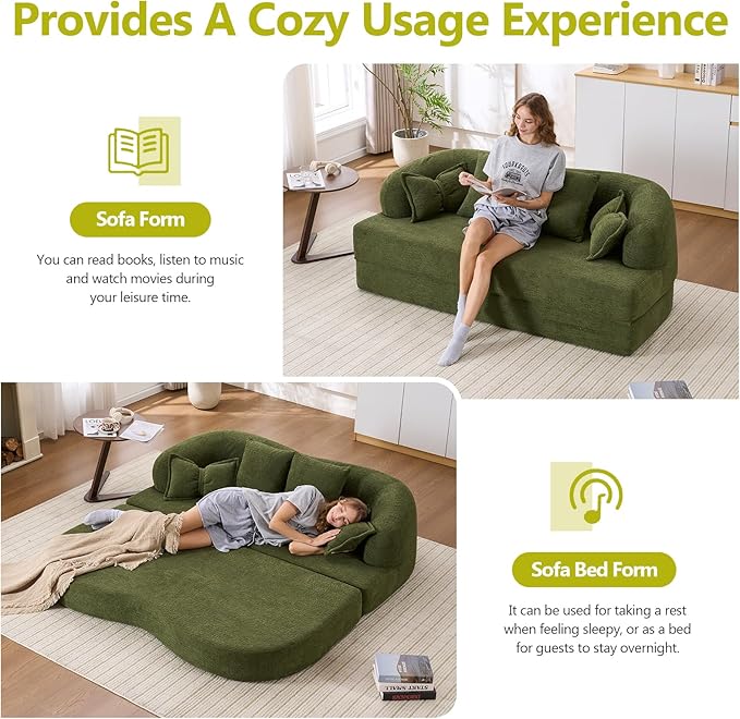 69.9 Folding Sofa Bed Full Sponge Convertible Sofa Bed with Wood Grain Chenille Fabric Easy to Carry Multi-Functional Guest Bed for Living Room Apartment Office