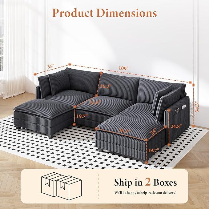 Vesgantti 109 U Shaped Cloud Sectional Sofa Comfy Corduroy Upholstered Sectional Modular Sofas for Living Room Modern Modular Couch with 2 Ottoman Deep Seat Charcoal Grey