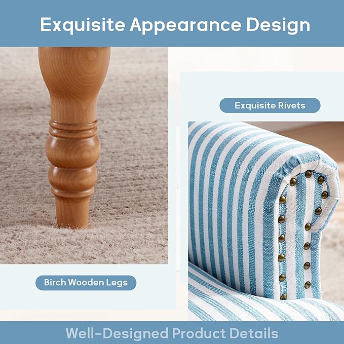 HUIMO Linen Fabric Accent Chairs Set of 2 Mid-Century Modern Armchair with Solid Wood Legs Single Sofa ChairUpholstered Reading Club Chair (2 Blue and White Stripe)