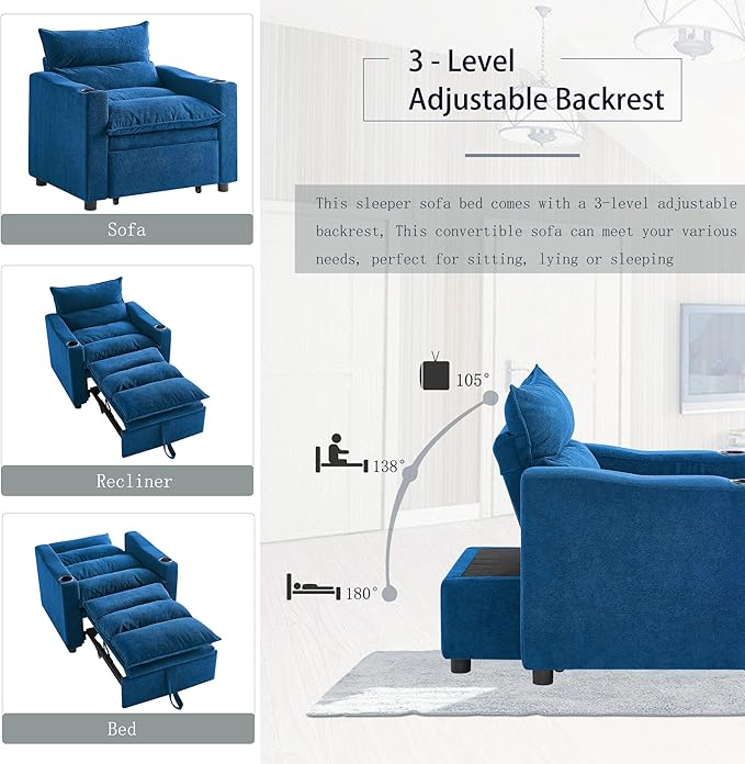 Sleeper Chair 3 in 1 Convertible Pull Out Chair Sleeper with Bracket and Cup Holder Chairs Bed Sleepers for Adults Adjustable Sofa Bed Chairs for Living Room Small Spaces Blue