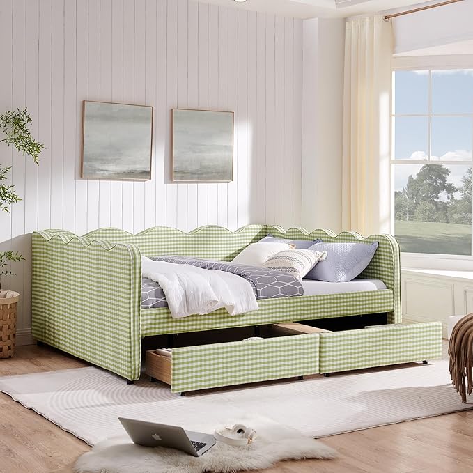 Cozy Gingham Daybed with 2 Drawers Queen Size Sofa Bed No Box Spring Needed with USB Port and Adorable Wave Shaped Linen Fabric Navy (Green+Queen+2 Drawers)