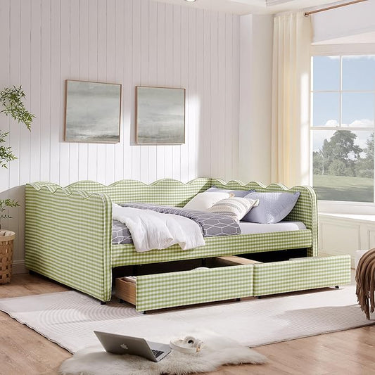 Cozy Gingham Daybed with 2 Drawers Queen Size Sofa Bed No Box Spring Needed with USB Port and Adorable Wave Shaped Linen Fabric Navy (Green+Queen+2 Drawers)
