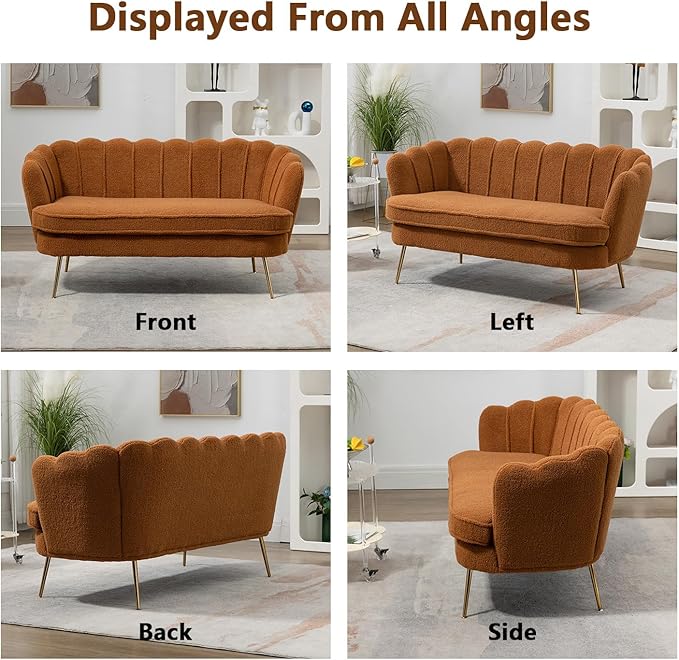 Anwick 59 Small Modern Chenille Loveseat Sofa 2-Seater Sofa with Gold Metal Legs Small Couch with Flower Shaped Back for Living Room Bedroom Office (Caramel)