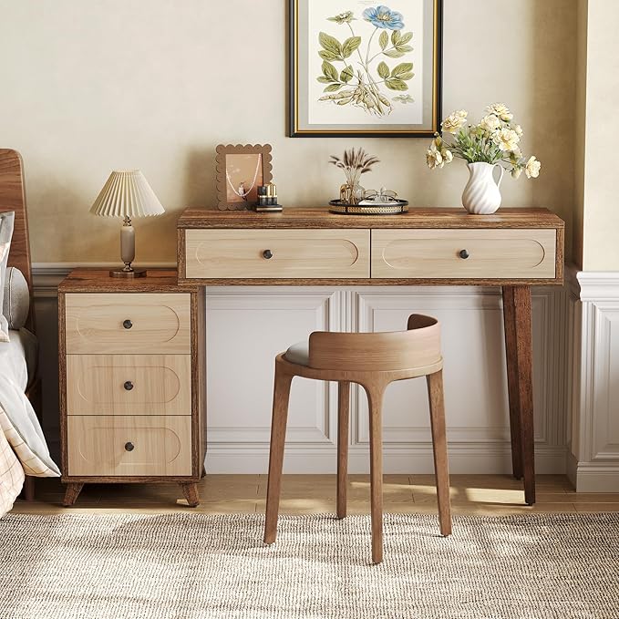 LITTLE TREE 39-Inch Computer Desk with 5 Drawers Extendable Table with Storage for Small Space Home Office Reversible Design (Rustic Brown)