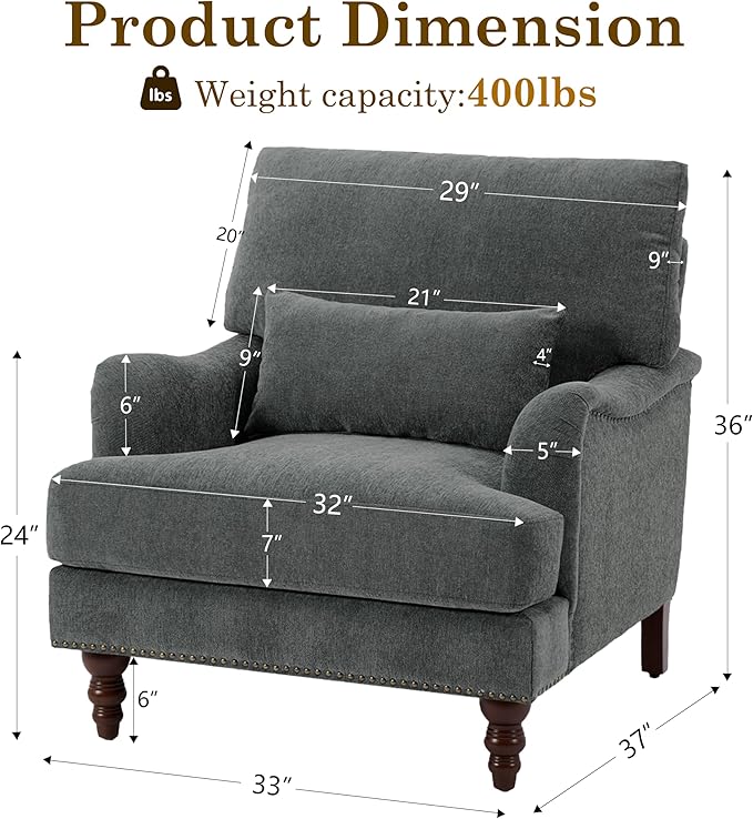 Accent Chairs Set of 2 Upholstered Armchair with Nailhead Trim &amp Solid Wood Legs Mid Century Modern Chenille Club Chair for Living Room/Bedroom/Reading Room Gray