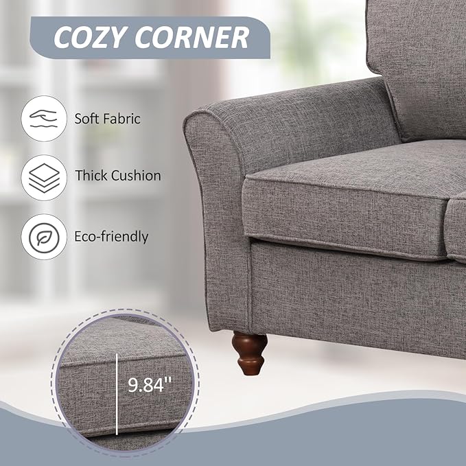 EBELLO Modern Linen Fabric Loveseat Sofa Upholstered 2-seat Sofa Couch Wood Frame and Sturdy Legs for Living Room Bedroom Office Grey