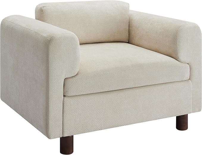 Modern Oversized Armchair Woven Velvet Comfy Accent Chair Single Sofa with Round Rubberwood Legs for Living Room Apartment Offices (Beige-Woven)