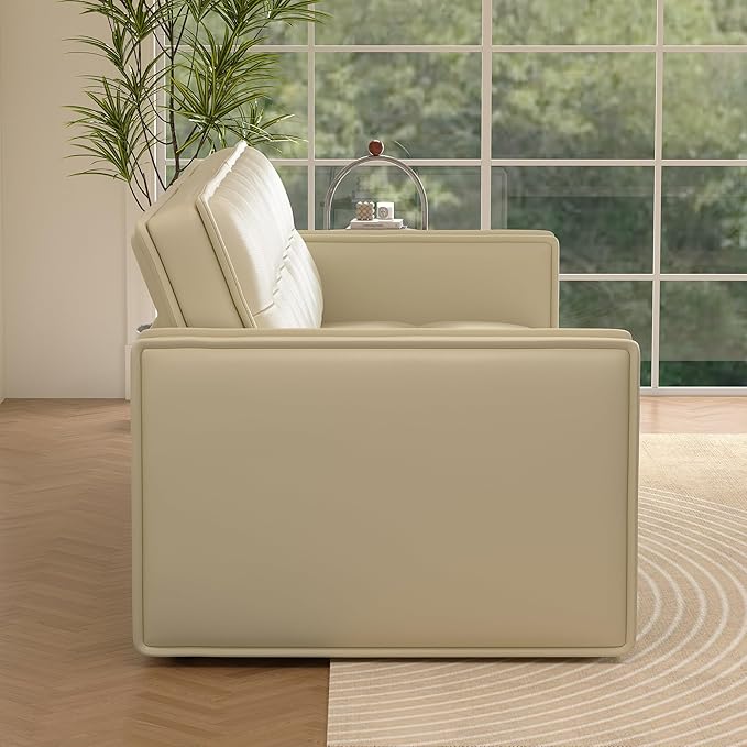 Beige Leather Sofa Couch 95 Modern 3-Seater Living Room Furniture with Easy-to-Clean Upholstery High Resilience Cushions Solid Wood Frame Comfortable Couch for Apartment &amp Home