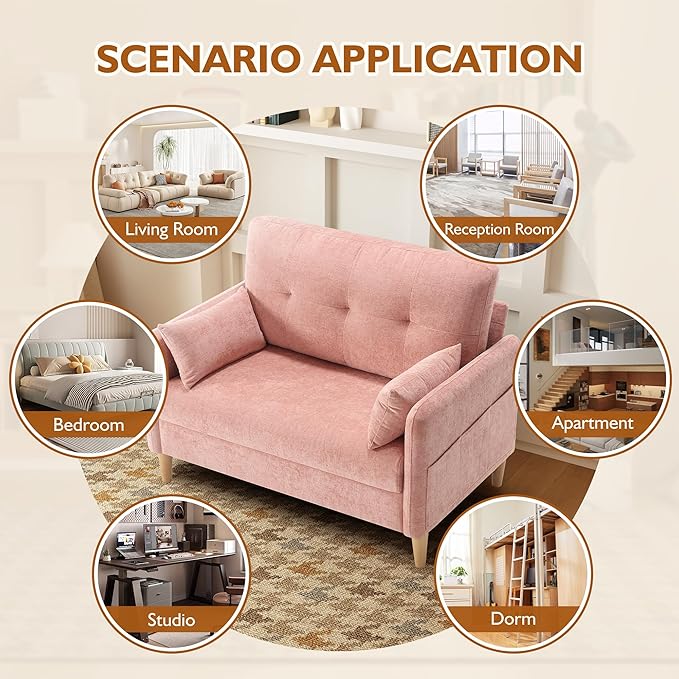 47 Small Sofa Couch for Bedroom Soft Chenille loveseat Mini Couch with Throw Pillow and Removable Cushion Cover for Small Spaces Living Room Apartment Dorm Office(Pink)