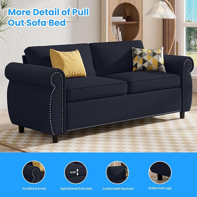 CECER Queen Size Pull Out Sofa Bed 2 in 1 Sleeper Sofa Convertible Couch Bed with Foldable Mattress Pull Out Couch Bed with Upholstered Nailhead for Living Room Apartment-Grey