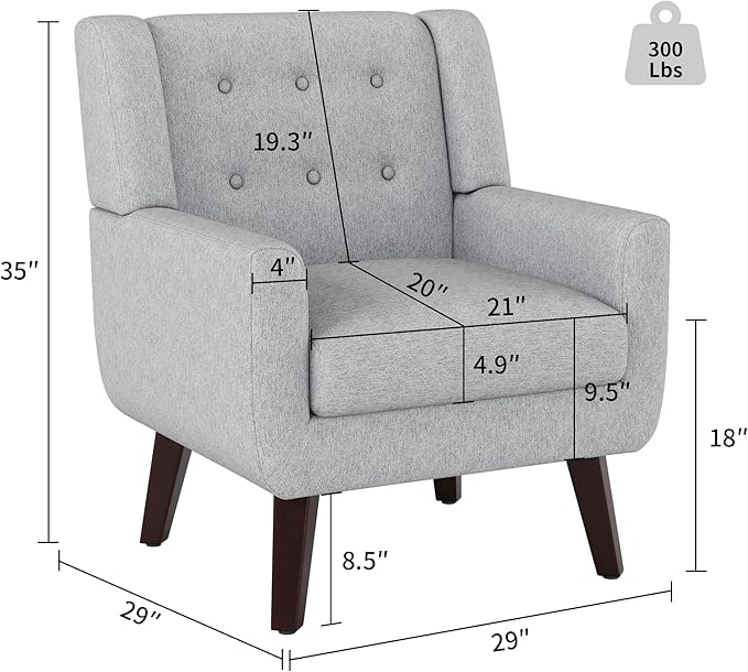 Accent Chairs Mid-Century Modern Upholstered Living Room Armchair Comfy Oversized Linen Fabric Single Reading Arm Chair with Tufted Back and Wood Legs for Bedroom Club (1 Light Grey)