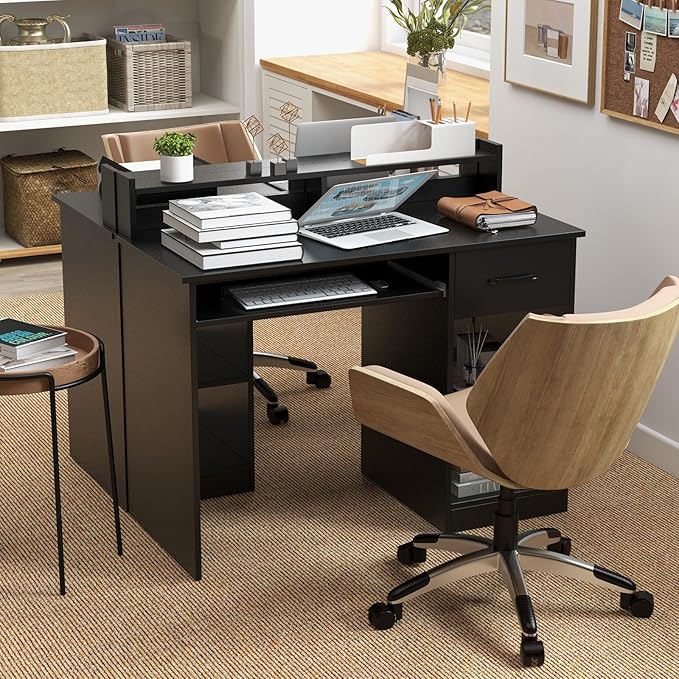 HAPPYGRILL Computer Desk with Monitor Stand Home PC Office Desk with Keyboard Tray Drawer &amp CPU Stand Study Writing Desk Home Workstation Desk with Display Shelf