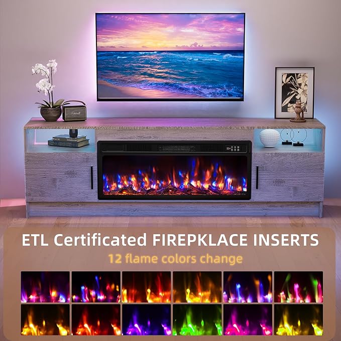 Fireplace TV Stand with 36 Fireplace Up to 80 TV 70 Entertainment Center with LED Lights Remote Control TV Media Console with Storage Cabinets for Living Room Grey