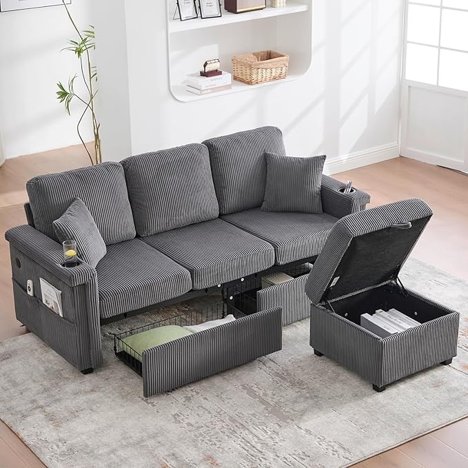 76'' Sectional Sofa Couches for Living Room 3 Seat L-Shaped Couch with Storage &amp Ottoman Corduroy Convertible Sofas with Chaise Apartment with USB Charging Cup Holder (Dark Grey)