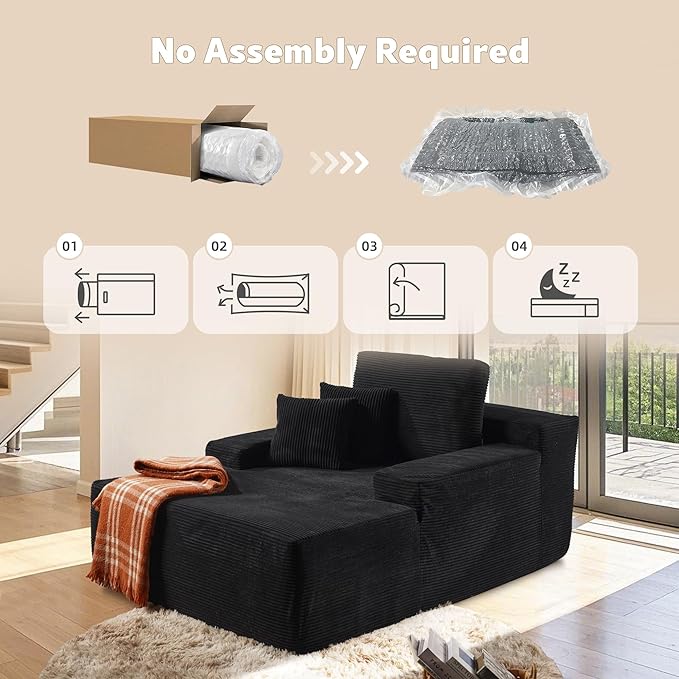 67x48 Oversized Chaise Lounge Chair Indoor Upholstered Sofa Bed with Plush Faux Fur Sleeper Couch Reading Chair Fluffy Cloud Sofa for Living Room Corduroy Black