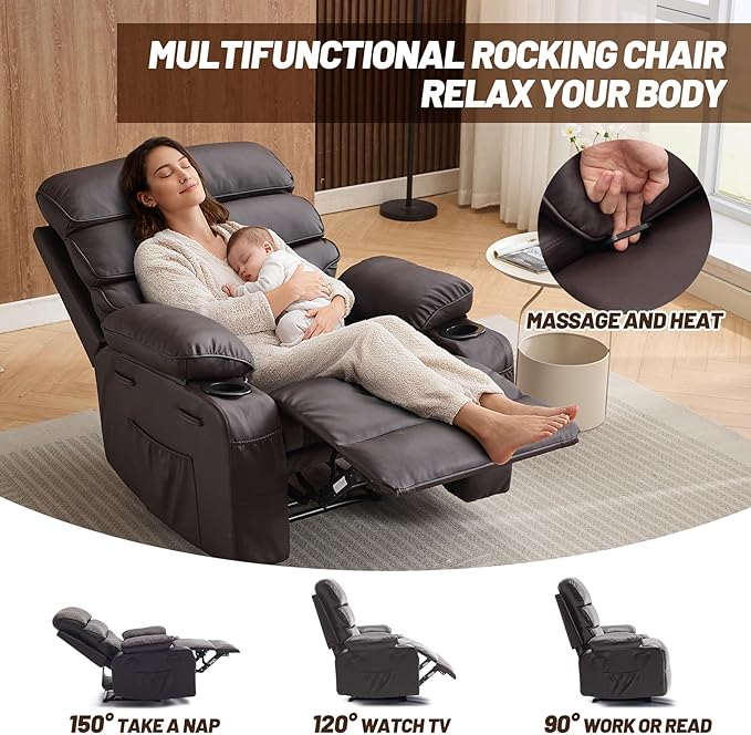 PU Leather Extra Wide Manual Recliner Chair for Adults with Massage &amp Heat Oversized Lazy Recliner with 1.5X Thick Sponge Comfort for Living Room BedroomCoffee