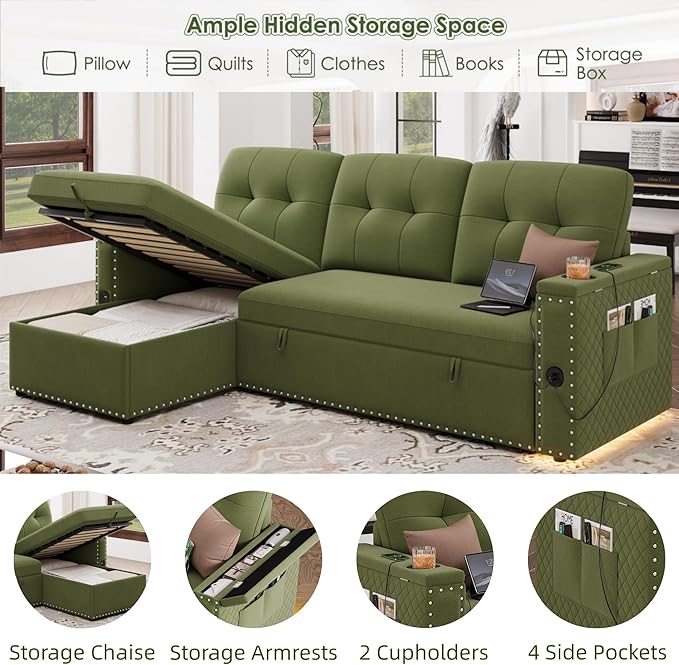 HIFIT Sleeper Sofa Bed- 81 L Shaped Pull Out Couches for Living Room with Storage Chaise Storage Armrest LED Light&ampUSB Port&ampCupholder Modern Velvet Sectional Home Sofa Living Room Furnitur