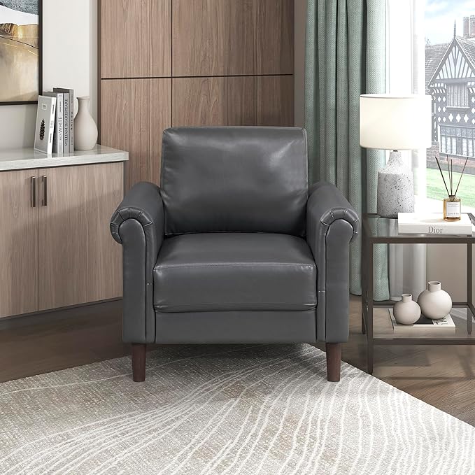 Lexicon 35 W Living Room Accent Chair Faux Leather Upholstered Armchair with Rolled Arm for Bedroom/Office/Waiting Room Single Sofa Chair Dark Gray