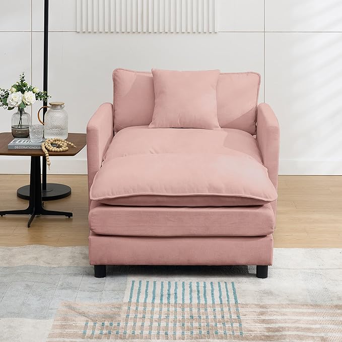 Modern Accent Chair with Ottoman Set for Small Spaces Comfy Polyester Barrel Reading Chair - Ergonomic Design Non-Slip Feet Easy Assembly for Living Room Bedroom Adults (Pink)