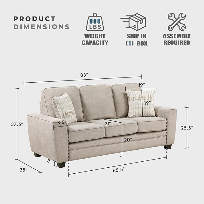 Lexicon Chenille Fabric Upholstered Sofa with 2 Pillows with Track Arms Reversible Back and Seat Cushions Removable Cushion Covers Comfy Couch for Living Room/Office/Waiting Room Taupe