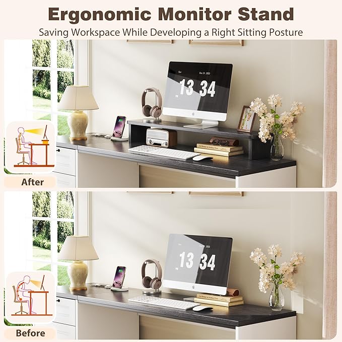 63 Farmhouse Executive Desk with Drawers Modern Computer Desk with Power Outlets Office Writing Desk with Monitor Stand &amp Storage Cabinet Printer Shelf Antique White