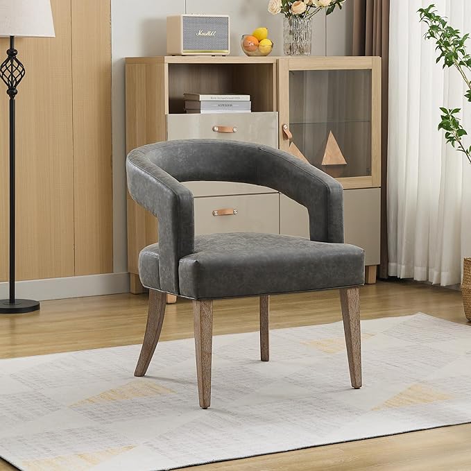 Modern Accent Chair Upholstered PU Leather Barrel Armchairs with Rubberwood Legs Comfy Lounge Arm Chair Hollow-Out Side Club Chair for Living Room Bedroom Office (Grey)