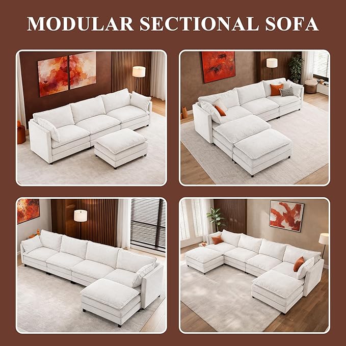 108 U Shaped Couch Comfy Cloud Modular Sectional Sofa with Movable Ottoman Deep Seat Chenille Modern Cloud Sofa Sectional Couches for Living Room Apartment (Beige 4 Seater with 1 Ottoman)