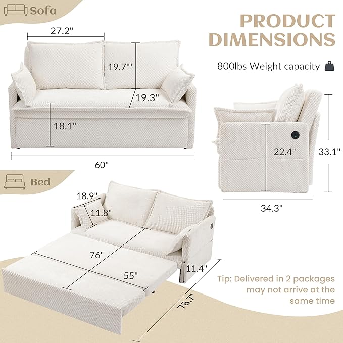 SUNWAVE 60 Pull Out Sofa Bed - Convertible Sleeper Sofa Bed Corduroy Pull Out Couch Bed with USB Charging Side Pockets for Living Room Bedroom Small Spaces (Cream 60)