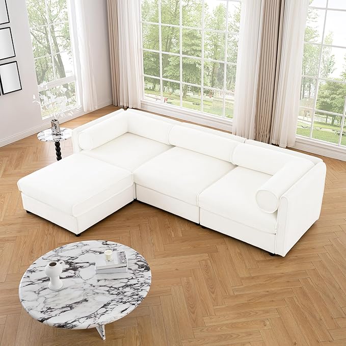 109 inch Cloud Modular 3 Seater Sofa with Storage Ottoman Modern Upholstered Storage Sofa Couch Deep Seat L Shape Sectional Sofa Chenille Comfy Couch for Living Room Apartment White