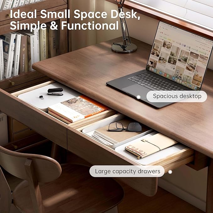YESWOOD 100% Solid Wood Desk with Drawers Walnut Color Office Desk Mid Century Modern Writing Desk for Study Bedroom Living Room 47.24 W