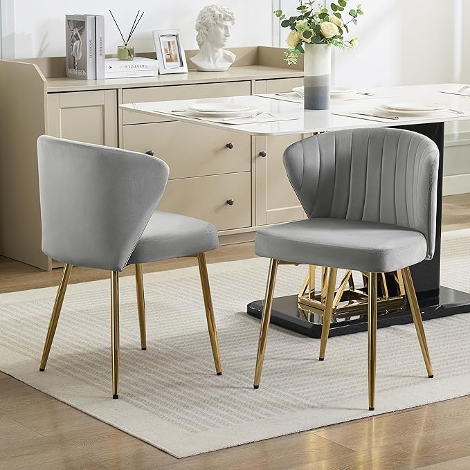 Velvet Vanity Chair Set of 2 Modern Makeup Chair with Back Golden Legs Small Cute Accent Chair for Vanity Living Room Bedroom Grey