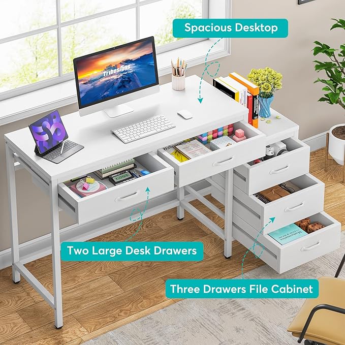 Little Tree Computer Desk with 5 Drawers Home Office Desks with Reversible File Drawer Cabinet Printer Stand