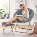 Foldable Oversized Moon Chair with Footrest Large Faux Fur Round Saucer Moon Chair with Folding Footrest Stool for Teens and Adults