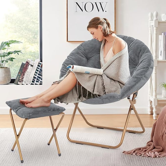 Foldable Oversized Moon Chair with Footrest Large Faux Fur Round Saucer Moon Chair with Folding Footrest Stool for Teens and Adults