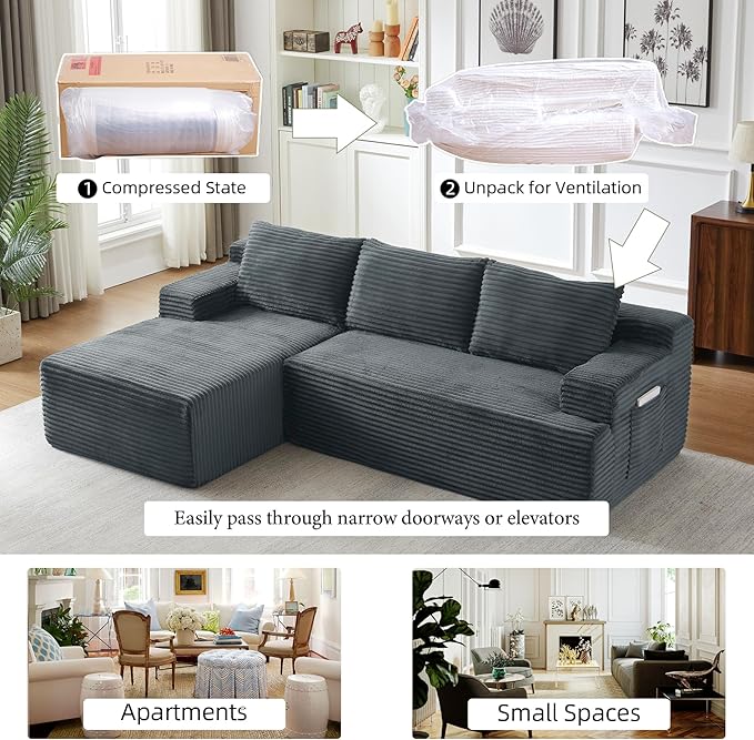 Boneless Couch Corduroy Cloud Sofa 96'' Sectional Couches Deep Seat L-Shaped Sofa No Assembly Pet-Friendly Apartment Couch for Living Room Small Spaces in a Box