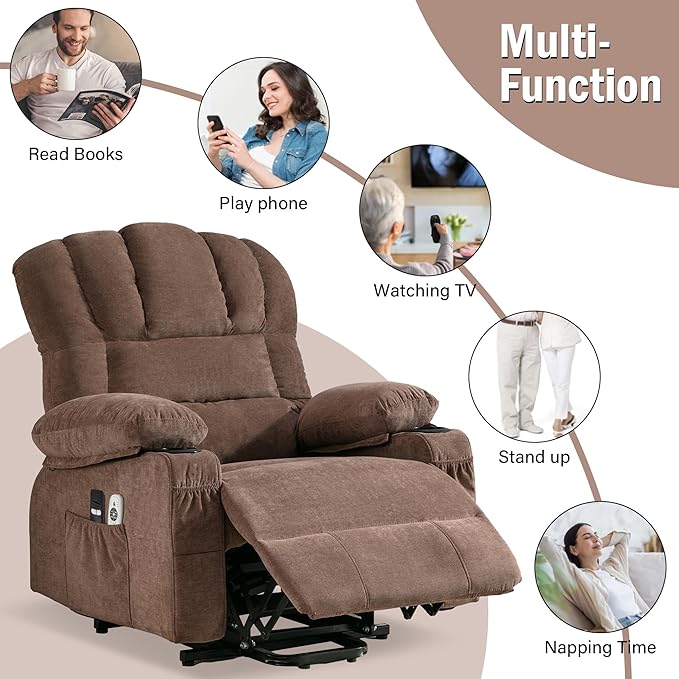 Power Lift Chaise LoungeModern Comfortable Massage Chair with HeatMulti Functional Reading Chair with Side Storage Pockets for for Living RoomBedroomStudyBrown.