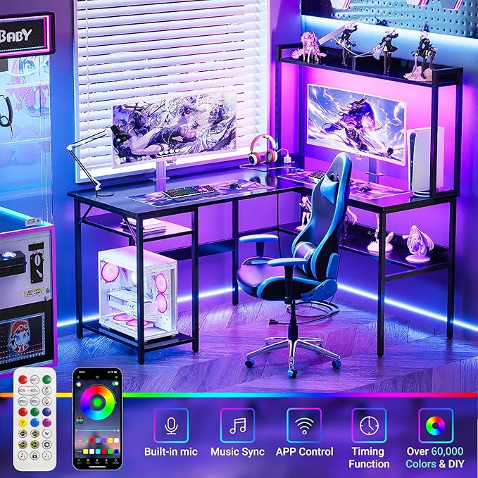 L Shaped Computer Desk with Hutch and Storage Shelves Gaming Desk with LED Lights Reversible L-Shaped Desk with Power Outlets Home Office Desk Corner Desk Black