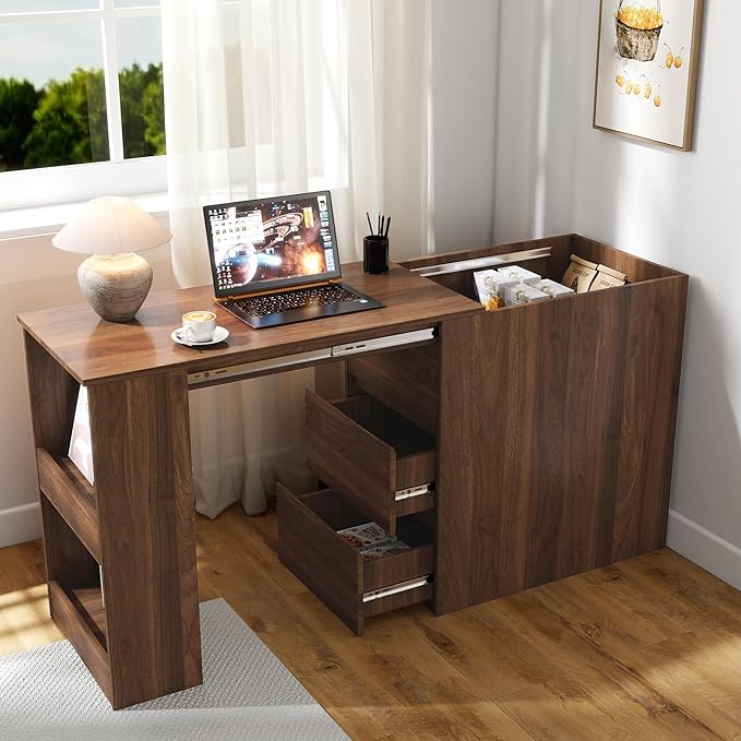 Merax Home Office Desk with Extendable Desktop Computer Gaming Desk with Drawers and Hidden Storage Space Writing Table Workstation for Office Dorm Apartment Walnut