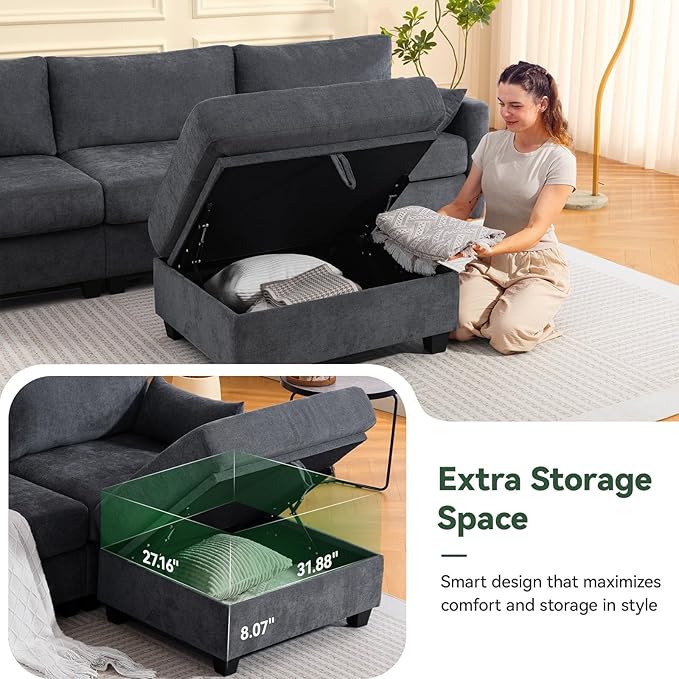 109'' Modular Sectional Sofa L Shaped Couch with Storage Ottoman Comfy Cloud Sofa with Deep Seat 4 Seat Convertible Sectional Couches for Living Room (Gray High Legs 3.15'')