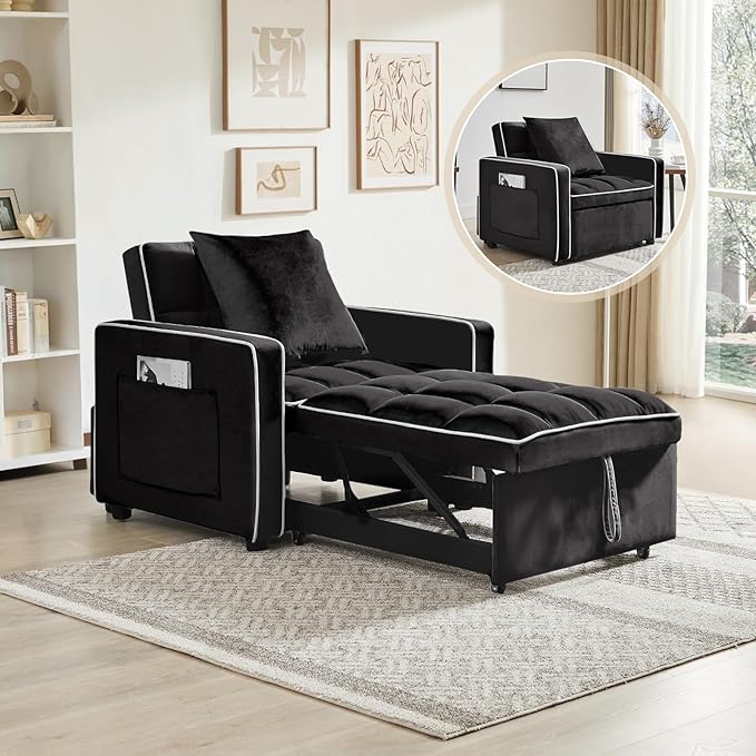 3 in 1 Velvet Sleeper Chair Pull Out Bed Convertible Single Sofa Bed Futon Modern Tufted Chair with Adjustable Backrest Pullout Sleeper Sofa Chair for Bedroom Living Room Indoor Lounge(Black)