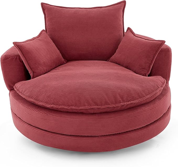 360° Swivel Sofa Chair with Dual-Layer Cushion Design 57.5 Swivel Round Accent Barrel Chair with 3 Removable Pillows for Living Room Office and Hotel (Red//261)
