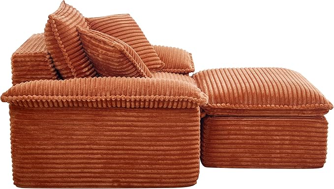 Oversized Armchair with Ottoman Corduroy Reading Chair for Bedroom &amp Living Room Modern Floor Sofa Chair Comfy Lazy Lounge Chair No Assembly Required Orange