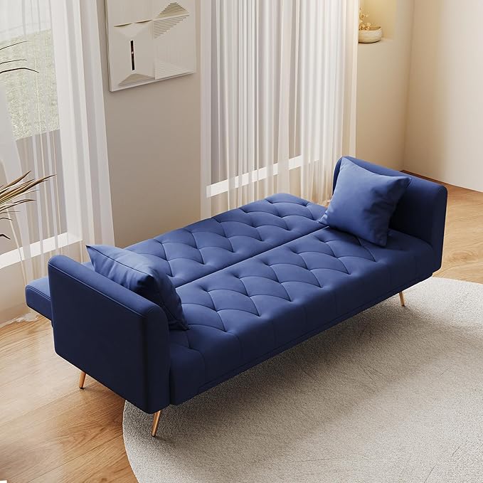 Anwick 72 Modern Velvet Sofa Bed FutonConvertible Folding Sleeper Bed Couches with 3 Adjustable BackrestsTufted Recliner Loveseat with Golden Chrome Legs for Small Living Room Office (Blue)