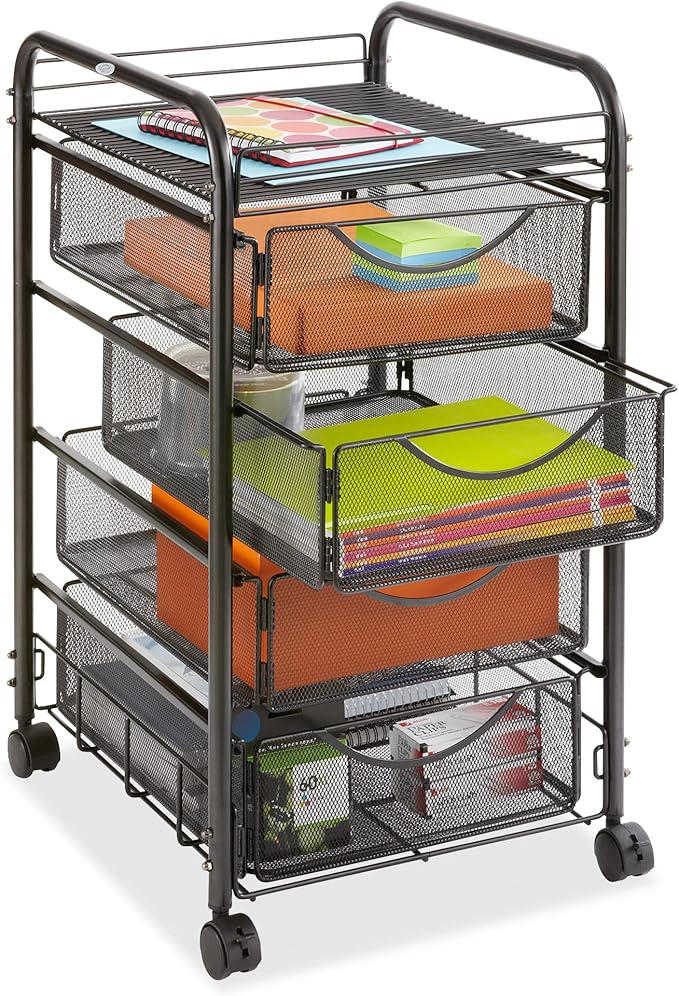 Safco Onyx Rolling File Cart with 4 File Drawers Fits Letter-Size Hanging Folders Durable Steel Mesh Construction